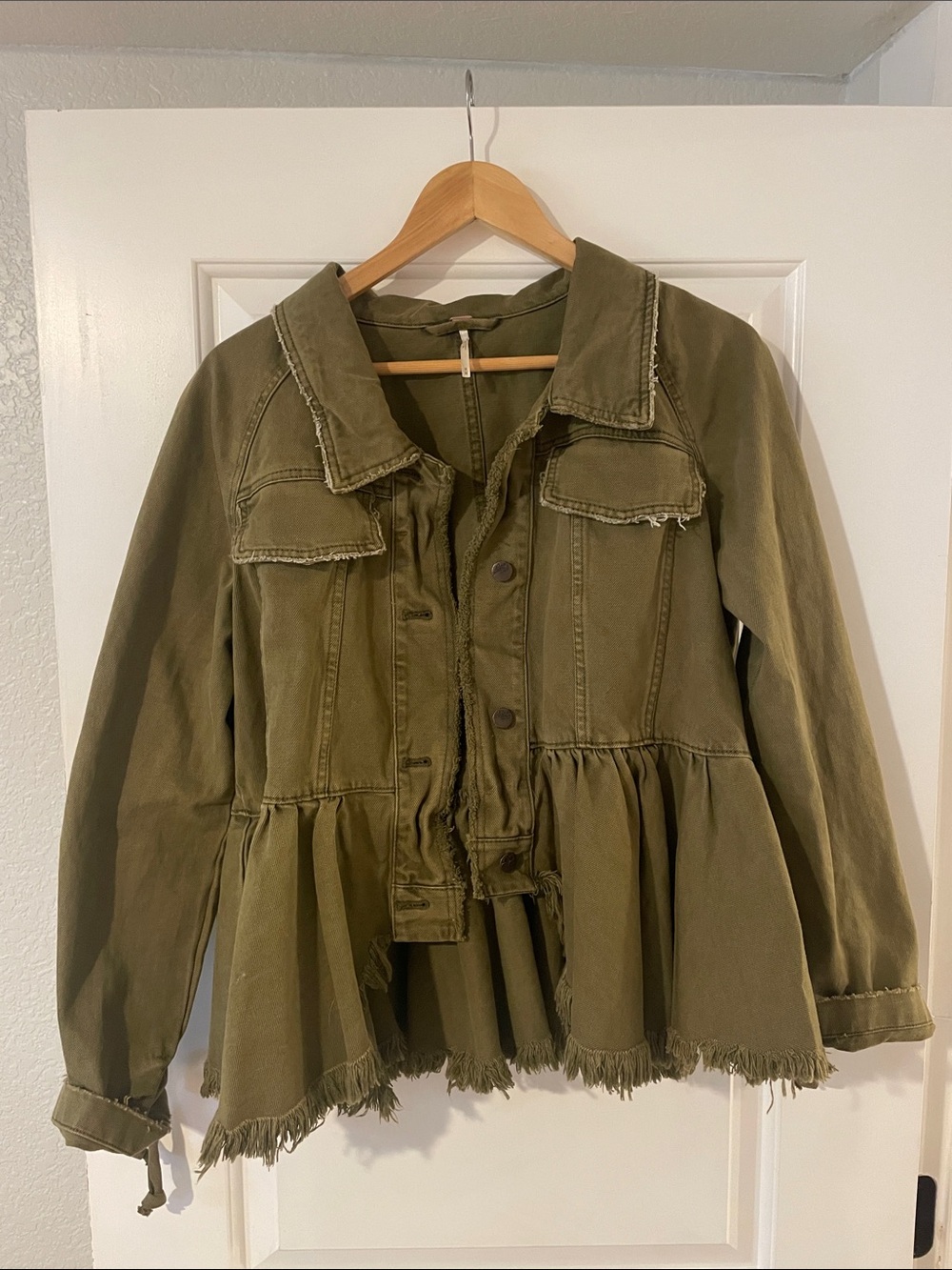 Free People Olive Green Peplum Jean Jacket